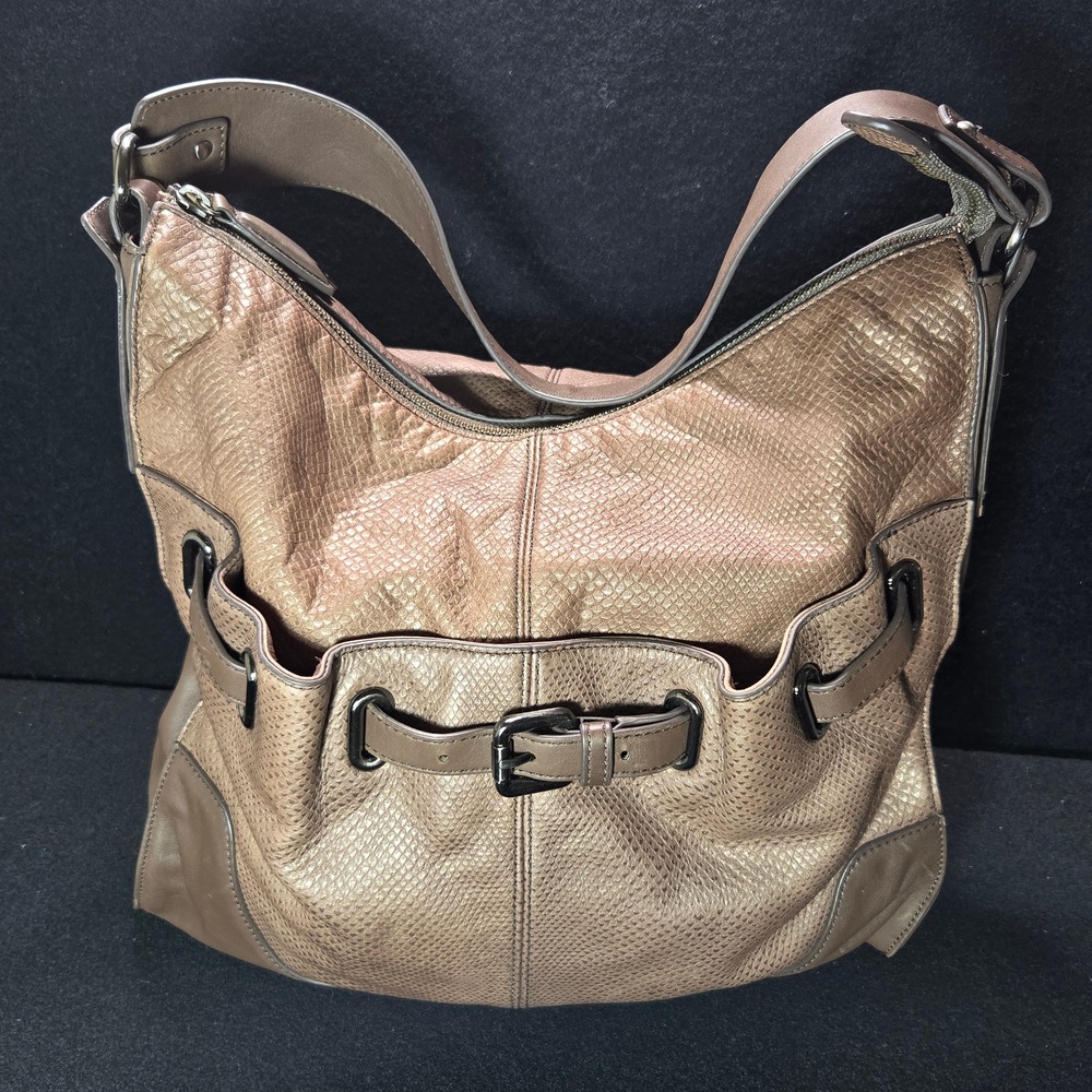 Kooba Metallic Hobo Bag Gold Rose Embossed Genuine Leather Shoulder Handbag Boho